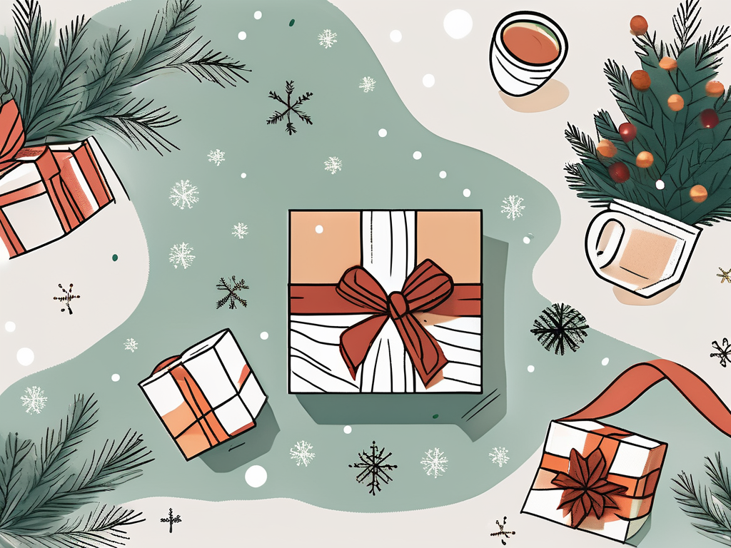 A beautifully wrapped gift box surrounded by a variety of thoughtful and unique holiday gifts