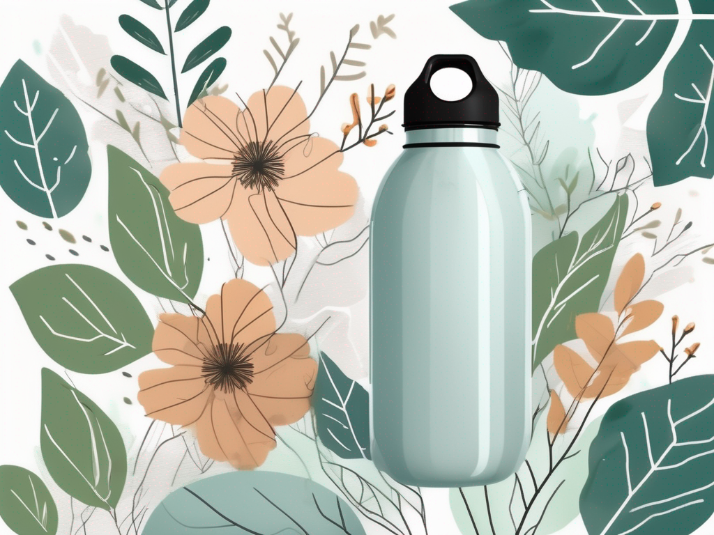 An eco-friendly water bottle surrounded by natural elements like leaves and flowers