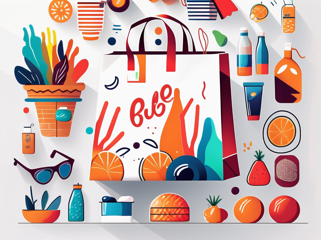 An eye-catching handlenett (shopping bag) prominently displayed in a vibrant market scene