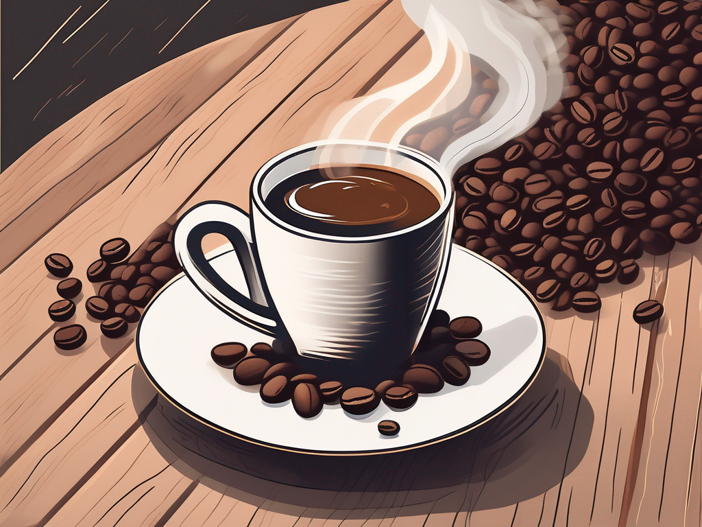 A steaming coffee cup placed on a wooden table